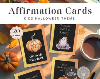 Affirmation Cards for Kids, Halloween Positive Message Set, Mindset Deck for Children, Fall Autumn Self-Love Quote, Black, INSTANT DOWNLOAD