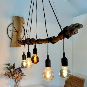 Hängelampe aus echter Weinrebe – 5-flammige Pendelleuchte | Handgefertigte Naturholz | Lampe mit Textilkabeln | E27 | LED geeignet | dimmbar