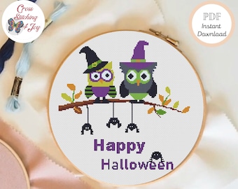 Owls Cross Stitch Halloween Decor, Owls with Spiders Pattern PDF, Easy Crossstitch Chart, Halloween Cross Stitch Pattern