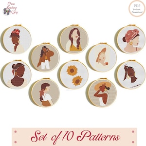 Modern Bundle, Ladies Boho Cross Stitch Patterns, Set of 10, Terracotta Earth Colors, Abstract Xstich