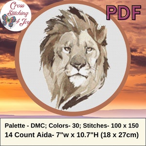Löwe gezählt Kreuzstich, majestätisches afrikanisches Tier, modernes buntes Stickerei-Kinderzimmer-Muster, PDF Xstitch Diagramm /Safari 1, Löwe-2