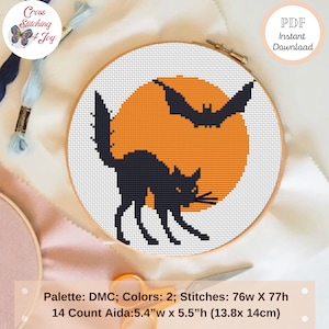 Halloween Decor, Bat with SPOOKY Black Cat Cross Stitch Patterns PDF, Easy Crossstitch Chart, Halloween Cross Stitch Pattern