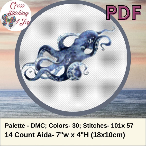 Octopus Counted Cross Stitch Pattern, Easy Modern Nature Art, Colorful Watercolor Ocean Habitat Embroidery Xstitch /Marine Life 2/