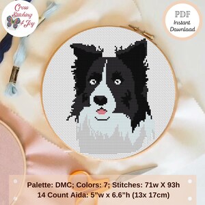 May include: Cross stitch pattern of a black and white border collie dog's head. The pattern is for 14 count Aida fabric and measures 5 inches wide by 6.6 inches high. The pattern uses 7 colors of DMC floss.