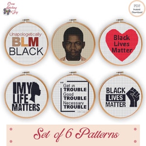 Set of 6 BLM, Black Lives Matter Download Cross-Stitch Pattern, Embroidery Activist Social Justice Civil Rights Defend Black Life
