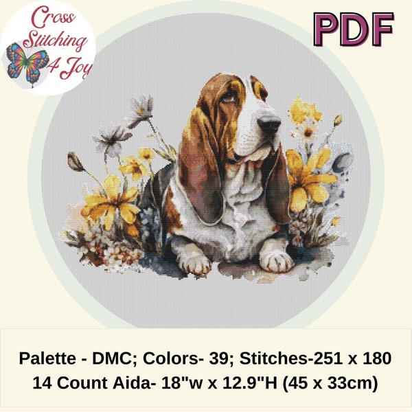 Basset Hound Counted Cross Stitch, Cute Dog Breed Theme, Colorful Watercolor, Kid-Friendly Decorating Ideas, Pattern Keeper Compatible