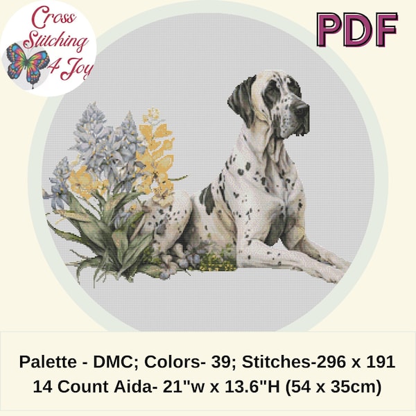 Great Dane Cross Stitch, Cute Large Dog Breed, Colorful Watercolor, Kid-Friendly Decorating Ideas, Counted, Pattern Keeper Compatible