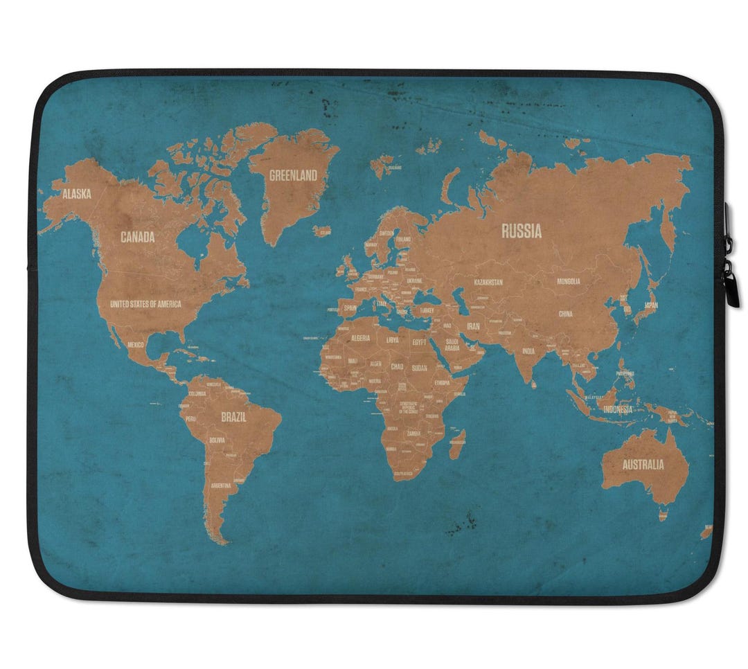 World Map Laptop Sleeve, Travel Case, Country, Labeled Map, Traveler ...