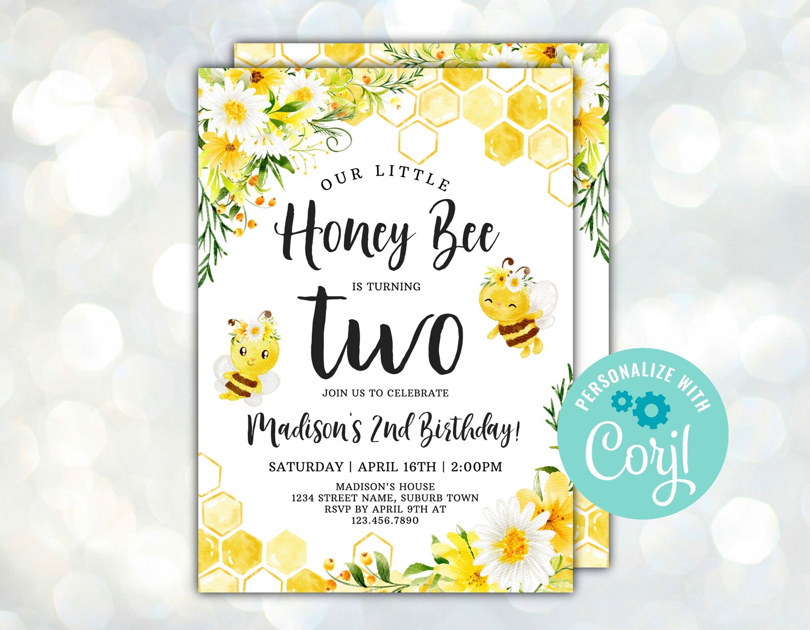 Editable Bee 2nd Birthday Invitation Honey Bee Birthday Party Etsy
