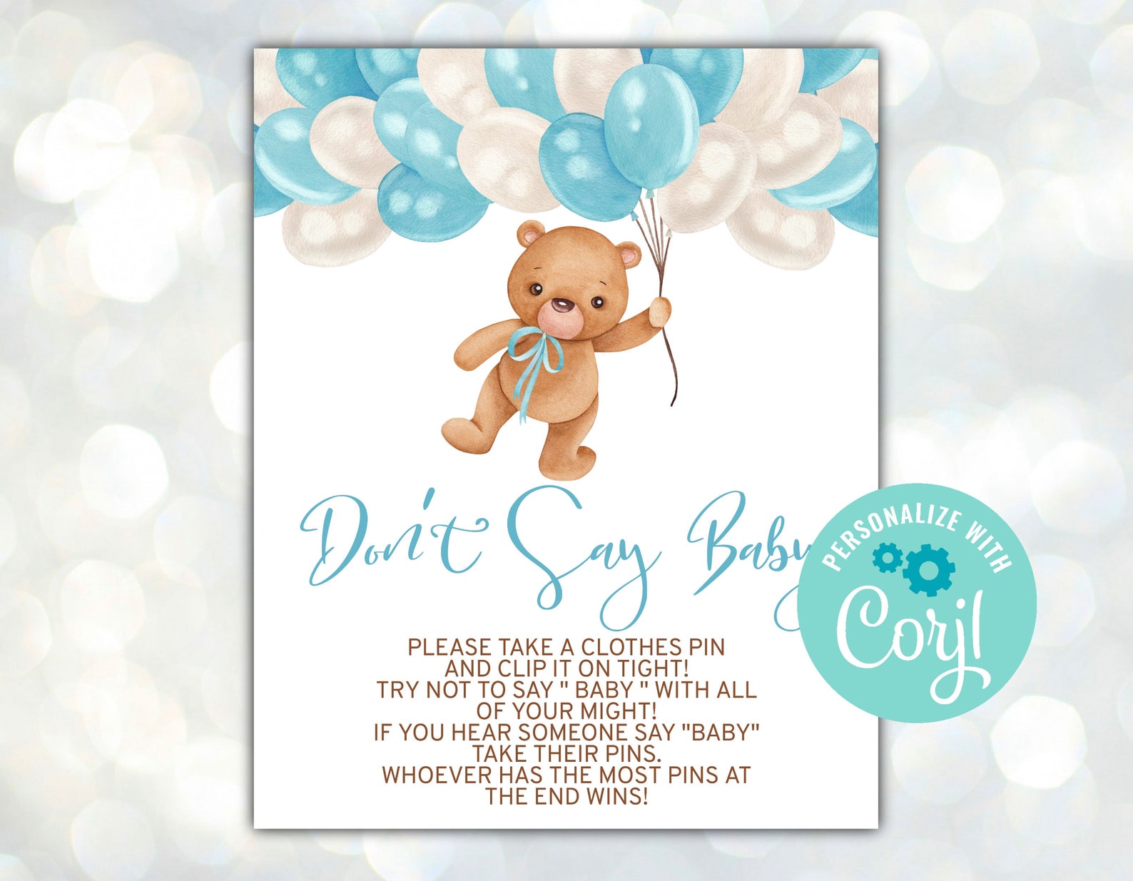 Teddy Bear Don t Say Baby Sign Teddy Bear Boy Baby Shower Etsy