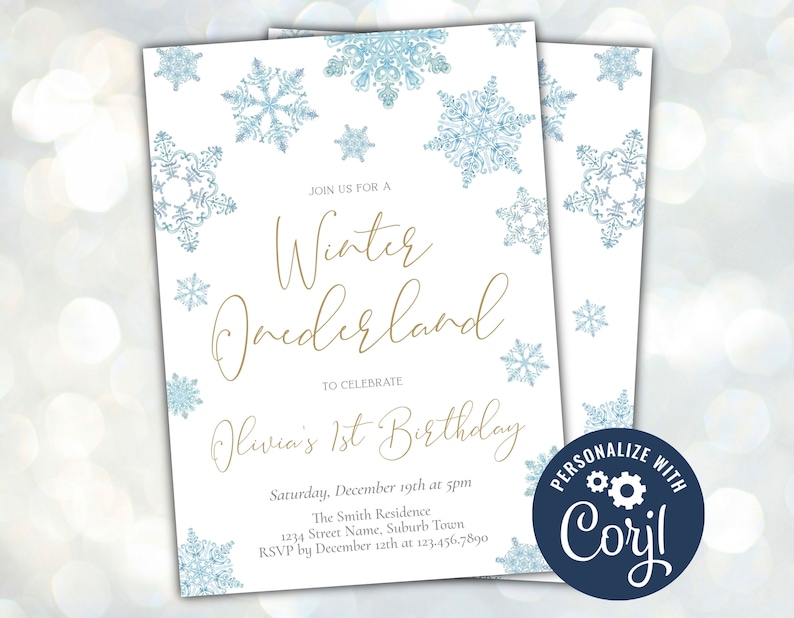 Download Blue Snowflake 1st Birthday Invite Winter Wonderland Invitation Editable Winter Onederland Invitation Templates Paper Party Supplies Jesuskidsng Org