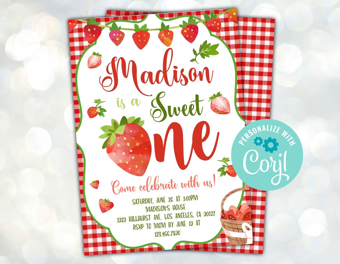Sweet One Invitation Editable Strawberry First Birthday Etsy