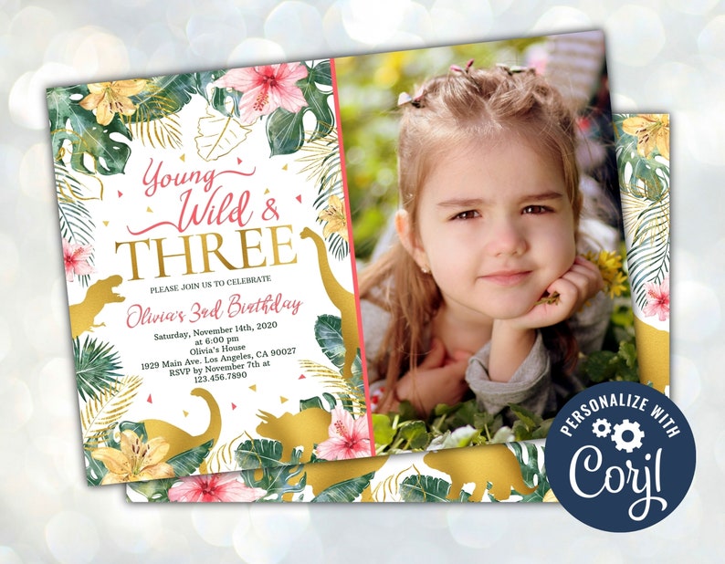 Girl Young Wild and Three Dinosaur Birthday Invitation with Etsy
