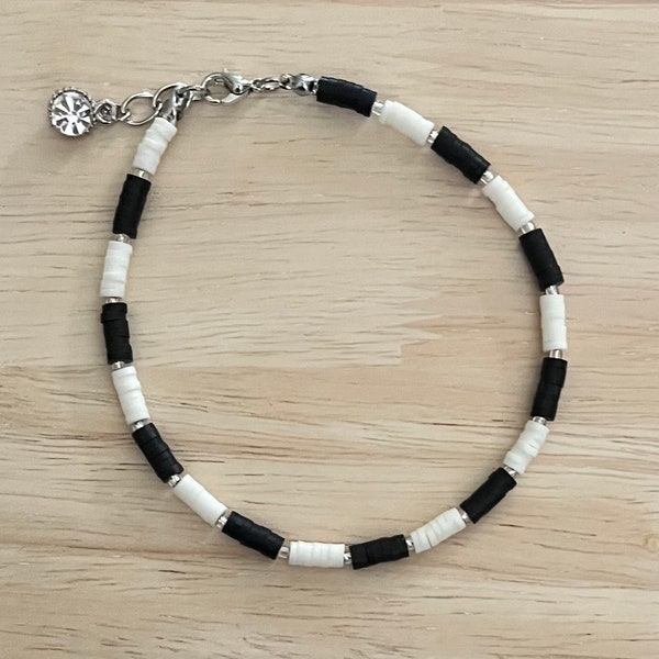 Black & White Beaded Anklet, Checkerboard Anklet, White Beaded Anklet, Black Beaded Anklet, Heishi Beaded Anklet, Black Anklet