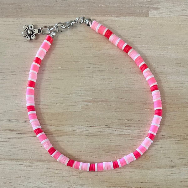 Pink and White Color Block Beaded Anklet, Bright Pink Anklet, Pink and White Beaded Anklet, Pink Heishi Beaded Anklet,  Pink Anklet