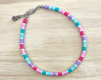Polymer Beaded Anklet: Pink, Turquoise, and Lavender Summer Jewelry