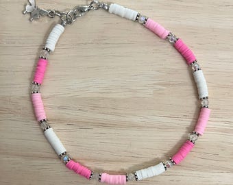Rosa Ombre Heishi Perlen Fußkettchen: Polymer Clay Pastell Anhänger