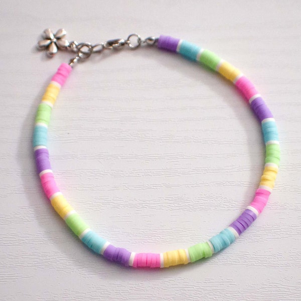 Colorful Daisy Beaded Anklet, Bright Pastel Anklet, Pastel Rainbow Beaded Anklet, Rainbow Heishi Beaded Anklet,  Pastel Colorful Anklet