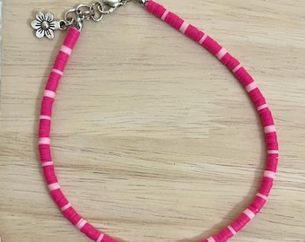 Hot Pink Heishi Beaded Anklet with Charm