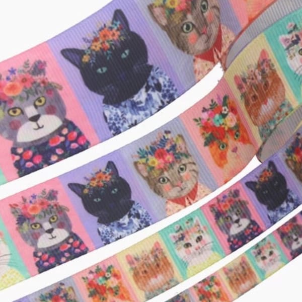 CATS WITH FLOWERS!  7/8” grosgrain ribbon, choose 3/5 yds.,  delightful little kitties all gussied up & they make a darn good gift!