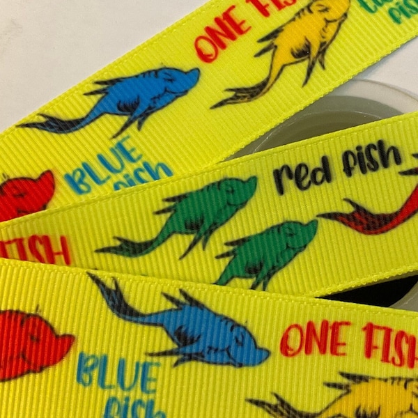 RED and BLUE FISH 1” grosgrain ribbon!  Choose 3 or 5 yards, beloved book ribbon, whimsical and fun ribbon & it makes a darn good gift!