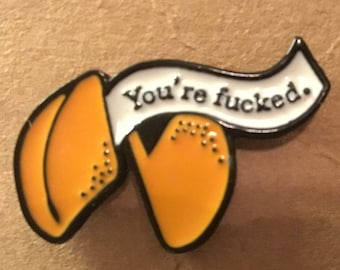 Fortune cookie pin, fortune cookie lapel pin, fortune cookie brooch, hilarious fortune cookie jewelry and it makes a darn good gift!