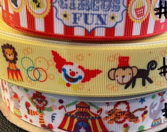 CIRCUS FUN! Big Top grosgrain, 3 styles, 3/5 yards, (2 are 1” and 1 is 7/8”), perfect for decor/hair/parties/gifting & all fun projects!