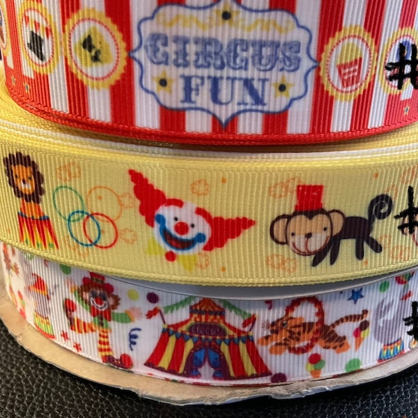 CIRCUS FUN! Big Top grosgrain, 3 styles, 3/5 yards, (2 are 1” and 1 is 7/8”), perfect for decor/hair/parties/gifting & all fun projects!