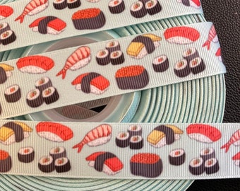 SUSHI!  5/8” or 1” grosgrain ribbon, choose 3/5 yds., fun food ribbon, perfect for parties/embellishment/hair/gifting and all your projects!