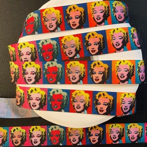 &quot;MARILYN MONROE&quot; DE WARHOL! Fita de gorgorão de 2,5 cm, escolha 1,5 m. Artista icônico de Andy Warhol e atriz icônica de Marilyn Monroe em 1 fita.