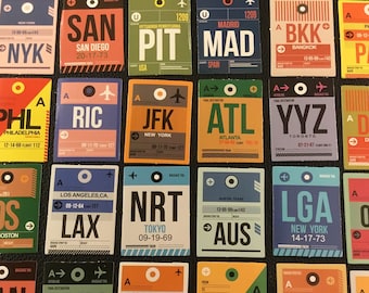 AIRPORT DESTINATIONS!  A set of 44 airport stickers, destination travel, travel the world, no lost luggage & they make a darn good gift!