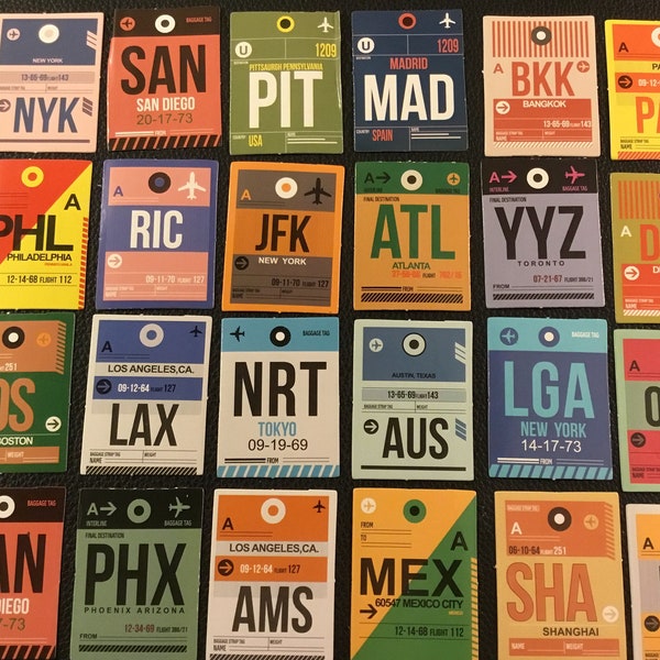 AIRPORT DESTINATIONS!  A set of 44 airport stickers, destination travel, travel the world, no lost luggage & they make a darn good gift!