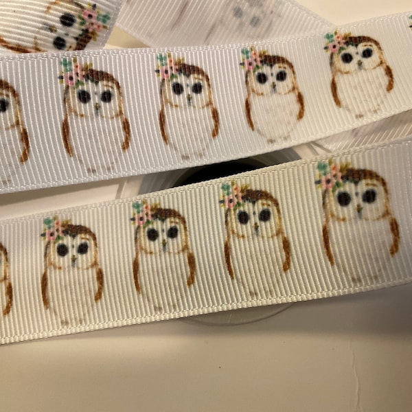 OWL WITH FLOWERS ribbon!  1” grosgrain, choose 3/5 yds., Animals With Flowers series, adorable wee owl/owlet & it makes a darn good gift!