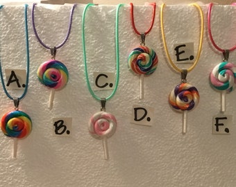 Lollipop necklaces, girl’s polymer clay swirly lollipop pendant necklaces, clay jewelry and they make a darn good gift!