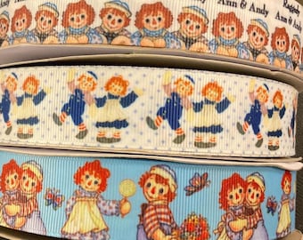 RAG DOLLS’ RIBBON!  1” grosgrain ribbon, 3 styles, choose 3/5 yds.  vintage style raggedy dolls of yesteryear & it makes a darn good gift!