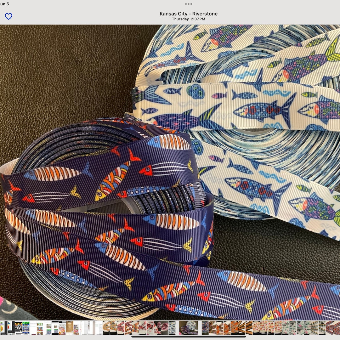 FANTASTICAL FISH RIBBON! 1” Grosgrain Ribbon, Navy or White, Choose 3/5 ...