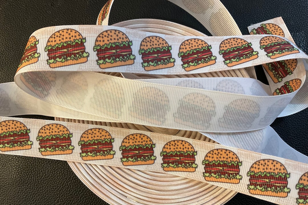 Cheese Pattern Ribbon CHEESEBURGERS! 1” Grosgrain Ribbon, 3 or 5 Yds., Hot off the Grill ...