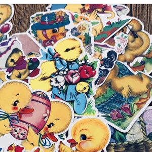 May include: A collection of vintage Easter stickers featuring colorful chicks and ducklings. The stickers are printed on white paper and have a glossy finish. They are perfect for adding a touch of whimsy to your Easter crafts and decorations.
