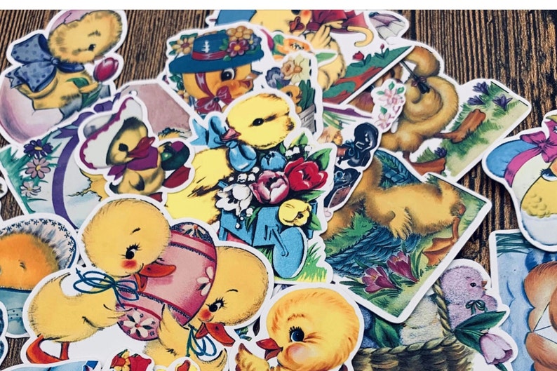 May include: A collection of vintage Easter stickers featuring colorful chicks and ducklings. The stickers are printed on white paper and have a glossy finish. They are perfect for adding a touch of whimsy to your Easter crafts and decorations.