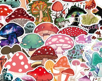 MUSHROOM DECALS #1!   Choose 25/50 pcs., variety of mushrooms, for the mushroom lover, fun decals & they make a darn good gift!
