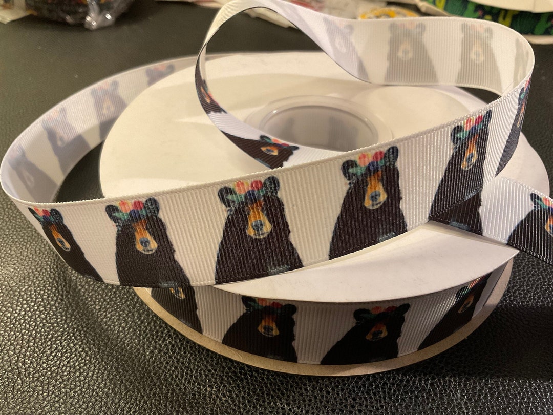 BEAR With FLOWERS RIBBON! 1” Grosgrain Ribbon, Choose 3/5 Yards ...