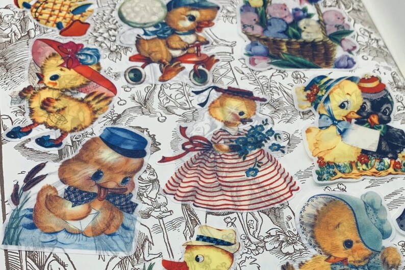 May include: A collection of vintage-style stickers featuring cute cartoon chicks in various poses. The stickers are printed on a white background and feature a variety of colors, including yellow, blue, red, and green.