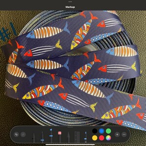 FANTASTICAL FISH RIBBON! 1” Grosgrain Ribbon, Navy or White, Choose 3/5 ...