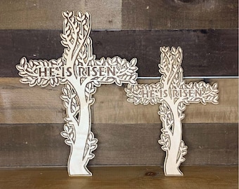 He Is Risen Wooden Cross: Easter Holiday Scene Decoration