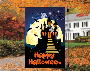 Halloween Garden Flag: Haunted House, Bats, Ghosts, Personalized Yard Decor
