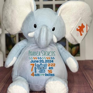 Elephant, Stuffed Elephant, First Christmas, Blue, Personalized Stuffed Animal, Birth Stat, Baby Keepsake, First Birthday, Baby Shower Gift