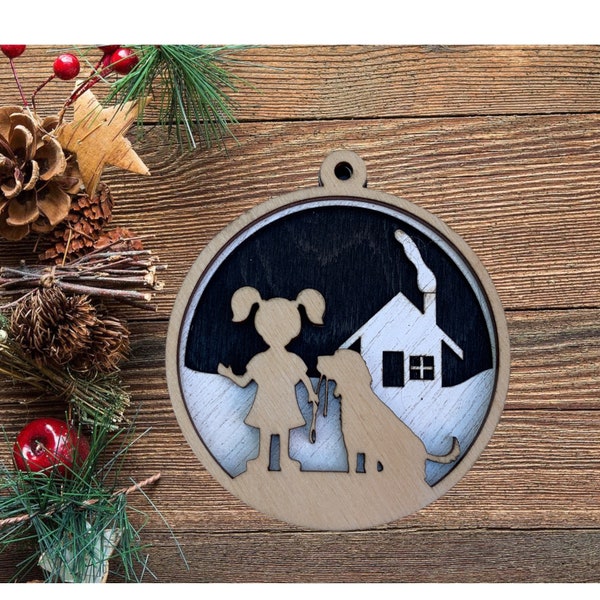 Toddler Ornament, Toddler Girl with Dog, Wood Ornament, Girl Ornament Personalized, Christmas Ornament, Toddler Boy with Dog, Christmas Gift