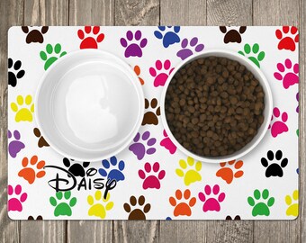Personalized Pet Food Mat – Waterproof Neoprene with Colorful Paws