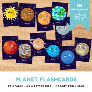 May include: Printable flashcards featuring illustrations of the planets in our solar system, including the sun, moon, and Pluto. Each card has a cartoon-style illustration of a planet with a friendly face and the planet's name printed below. The text "PLANET FLASHCARDS" is printed at the bottom of the image, along with the text "PRINTABLE - A4 & LETTER SIZE - INSTANT DOWNLOAD".