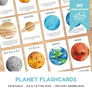 May include: A set of printable planet flashcards featuring watercolor illustrations of the planets in our solar system. Each card displays the planet's name and a brief description. The cards are labeled "Printable - A4 & Letter Size - Instant Download."